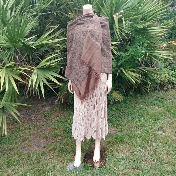 NWOT HALSTON RED 100%Wool XL Earth Tones Paisley Boho Scarf/Wrap - Picture 11 of 12